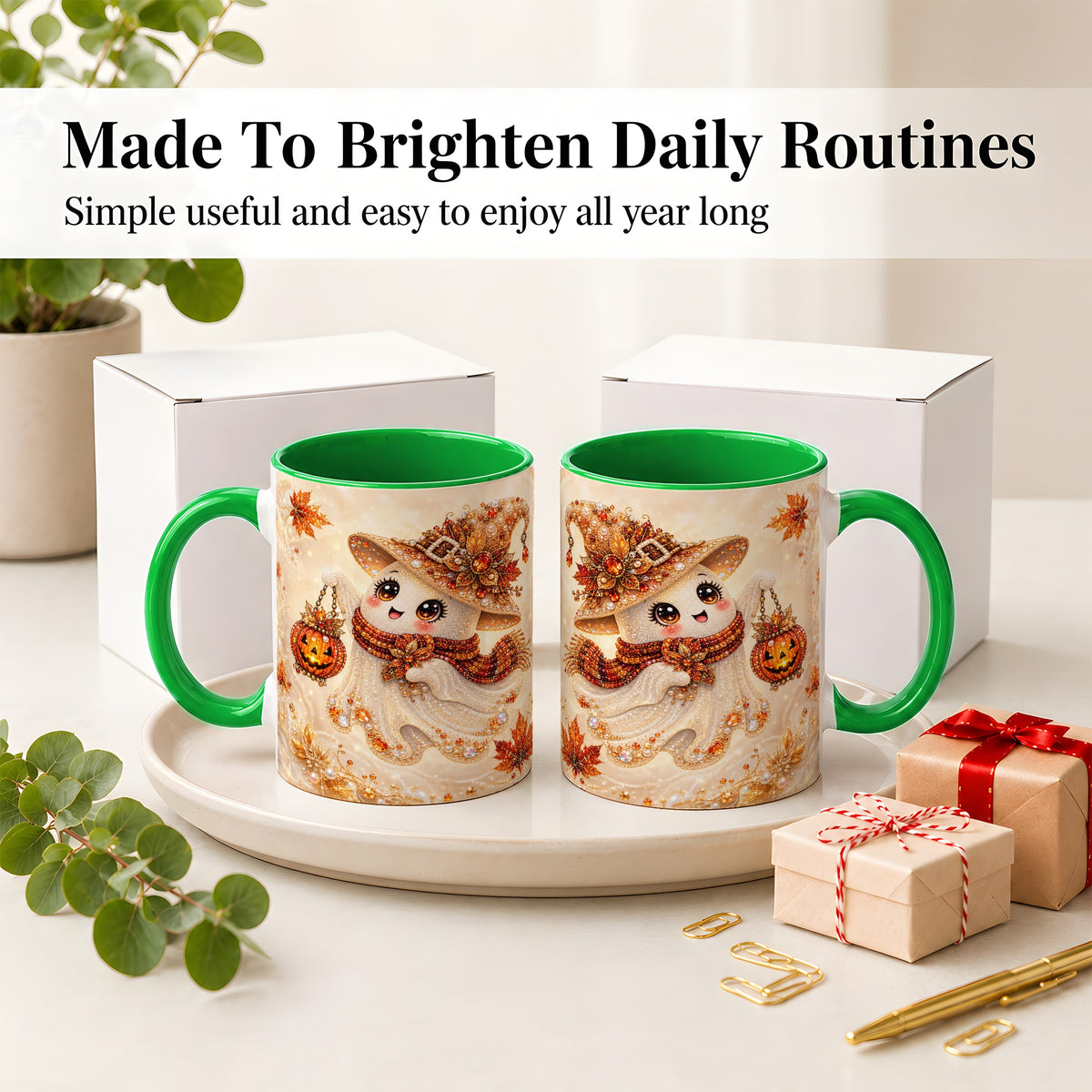#pl[11oz|Green] Witch Ghost Accent Mug, Ceramic Mug with Jeweled Pumpkin Lantern Art