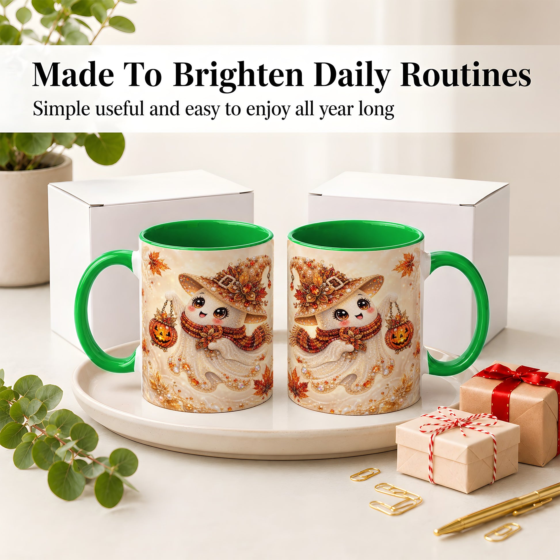 #pl[11oz|Green] Witch Ghost Accent Mug, Ceramic Mug with Jeweled Pumpkin Lantern Art