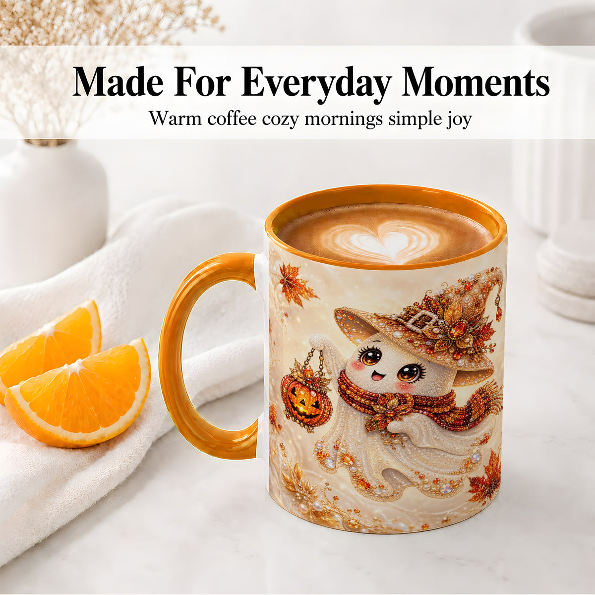 #pl[11oz|Orange] Witch Ghost Accent Mug, Ceramic Mug with Jeweled Pumpkin Lantern Art