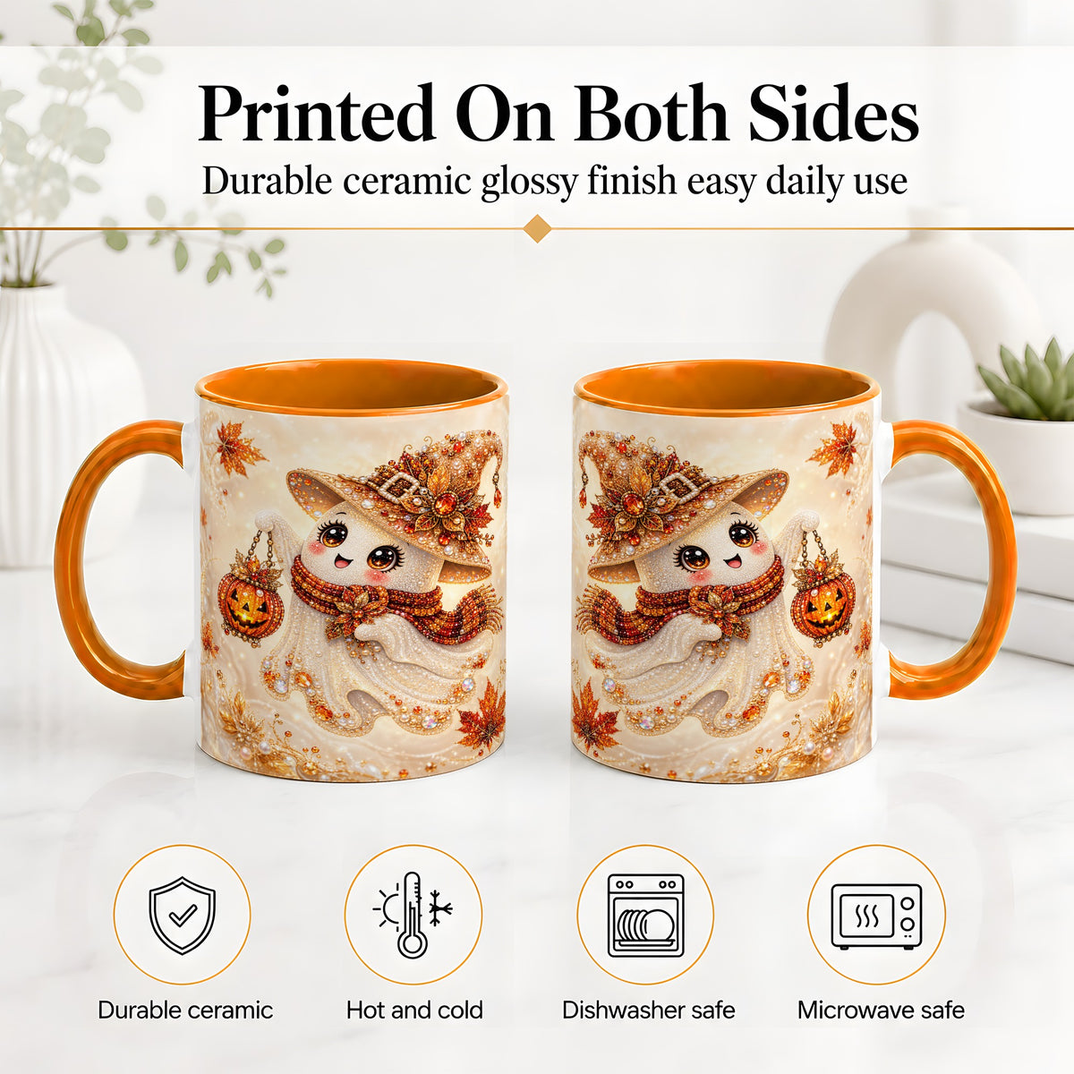 #pl[11oz|Orange] Witch Ghost Accent Mug, Ceramic Mug with Jeweled Pumpkin Lantern Art