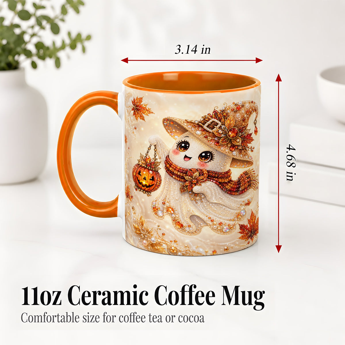 #pl[11oz|Orange] Witch Ghost Accent Mug, Ceramic Mug with Jeweled Pumpkin Lantern Art