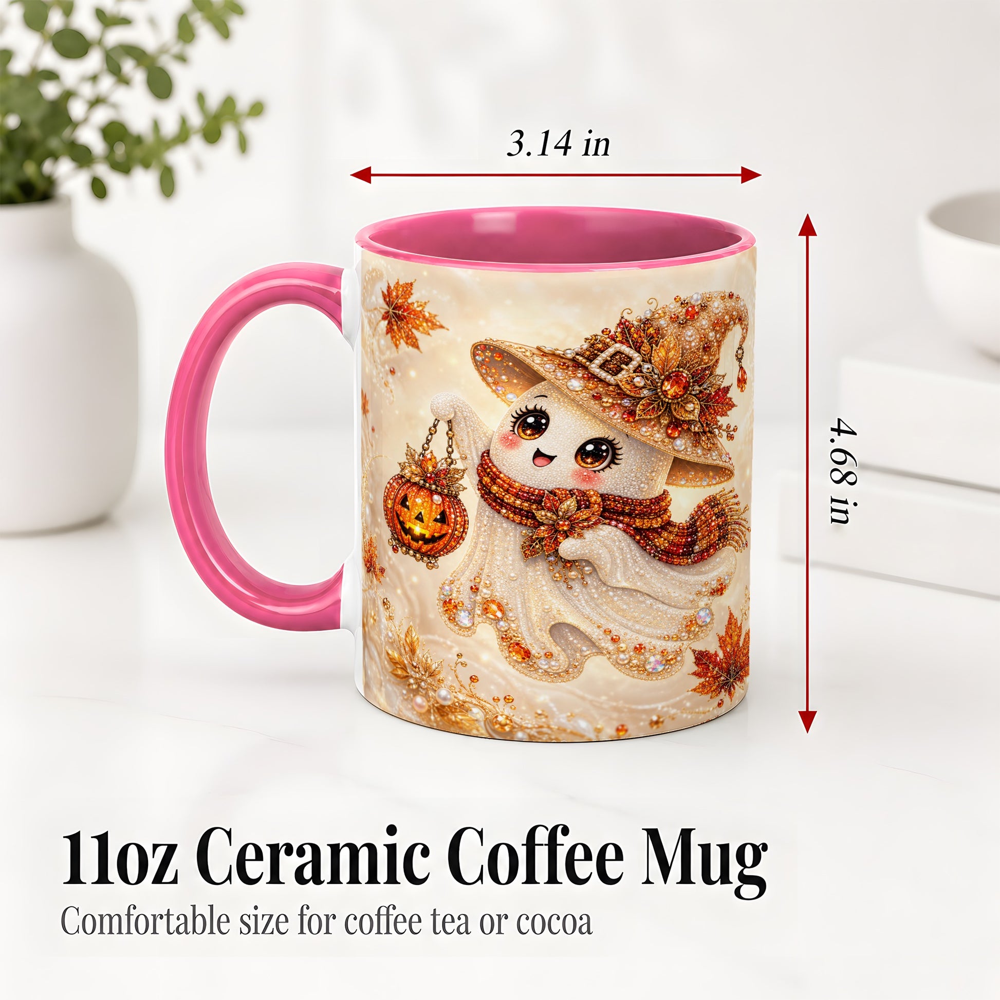#pl[11oz|Pink] Witch Ghost Accent Mug, Ceramic Mug with Jeweled Pumpkin Lantern Art