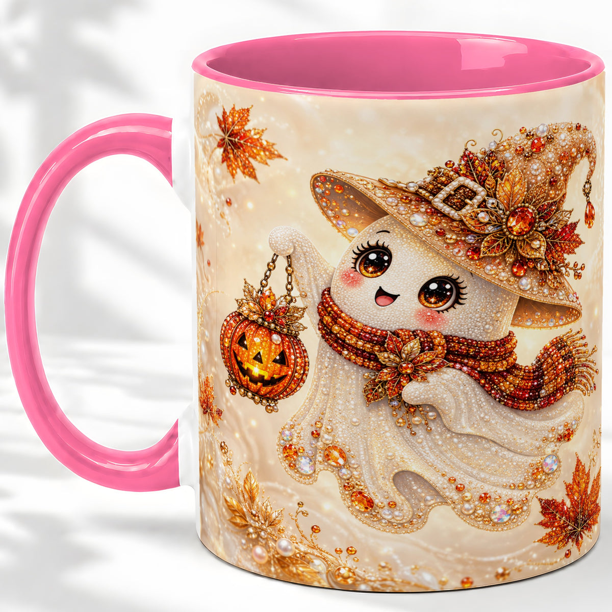 #pl[11oz|Pink] Witch Ghost Accent Mug, Ceramic Mug with Jeweled Pumpkin Lantern Art