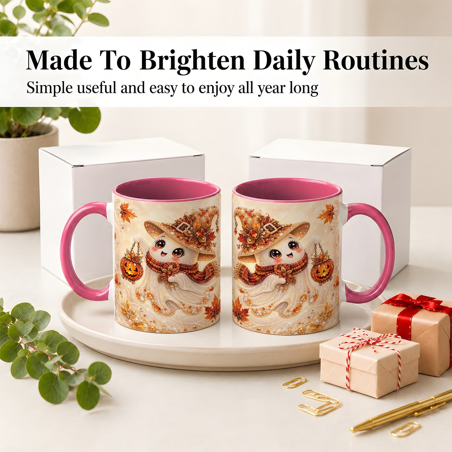 #pl[11oz|Pink] Witch Ghost Accent Mug, Ceramic Mug with Jeweled Pumpkin Lantern Art