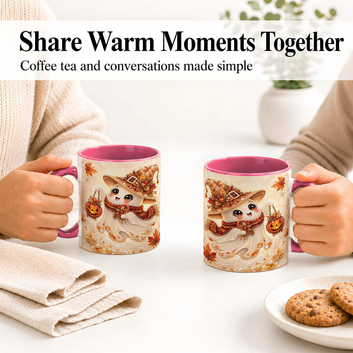 #pl[11oz|Pink] Witch Ghost Accent Mug, Ceramic Mug with Jeweled Pumpkin Lantern Art