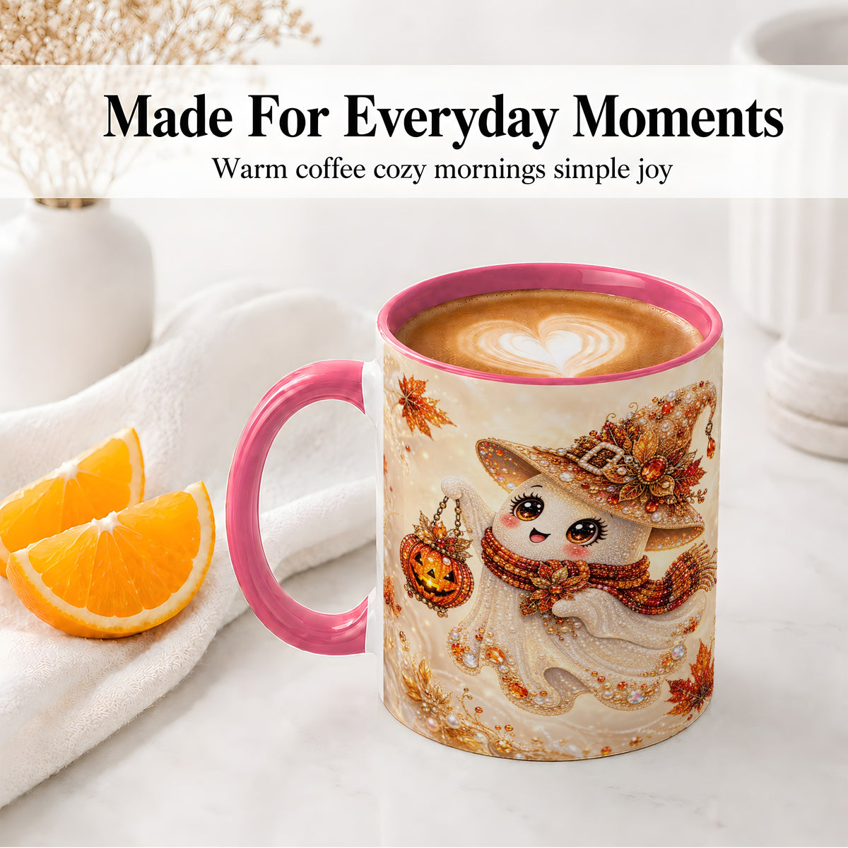 #pl[11oz|Pink] Witch Ghost Accent Mug, Ceramic Mug with Jeweled Pumpkin Lantern Art