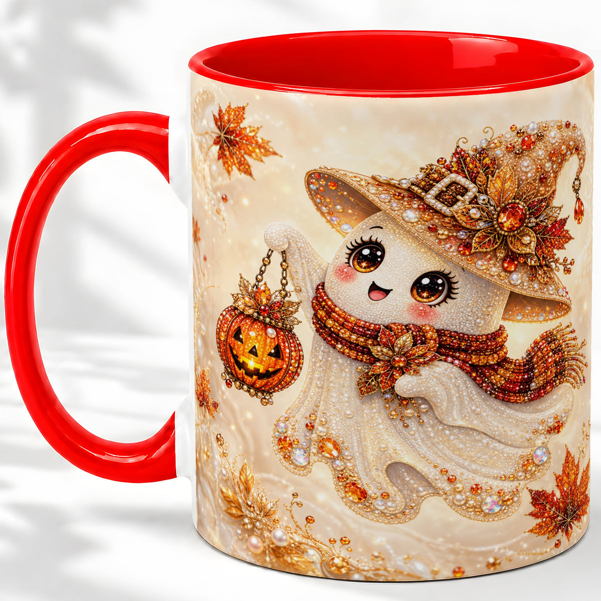 Witch Ghost Accent Mug, Ceramic Mug with Jeweled Pumpkin Lantern Art