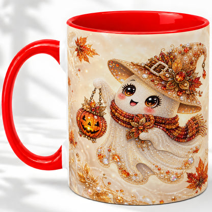 Witch Ghost Accent Mug, Ceramic Mug with Jeweled Pumpkin Lantern Art