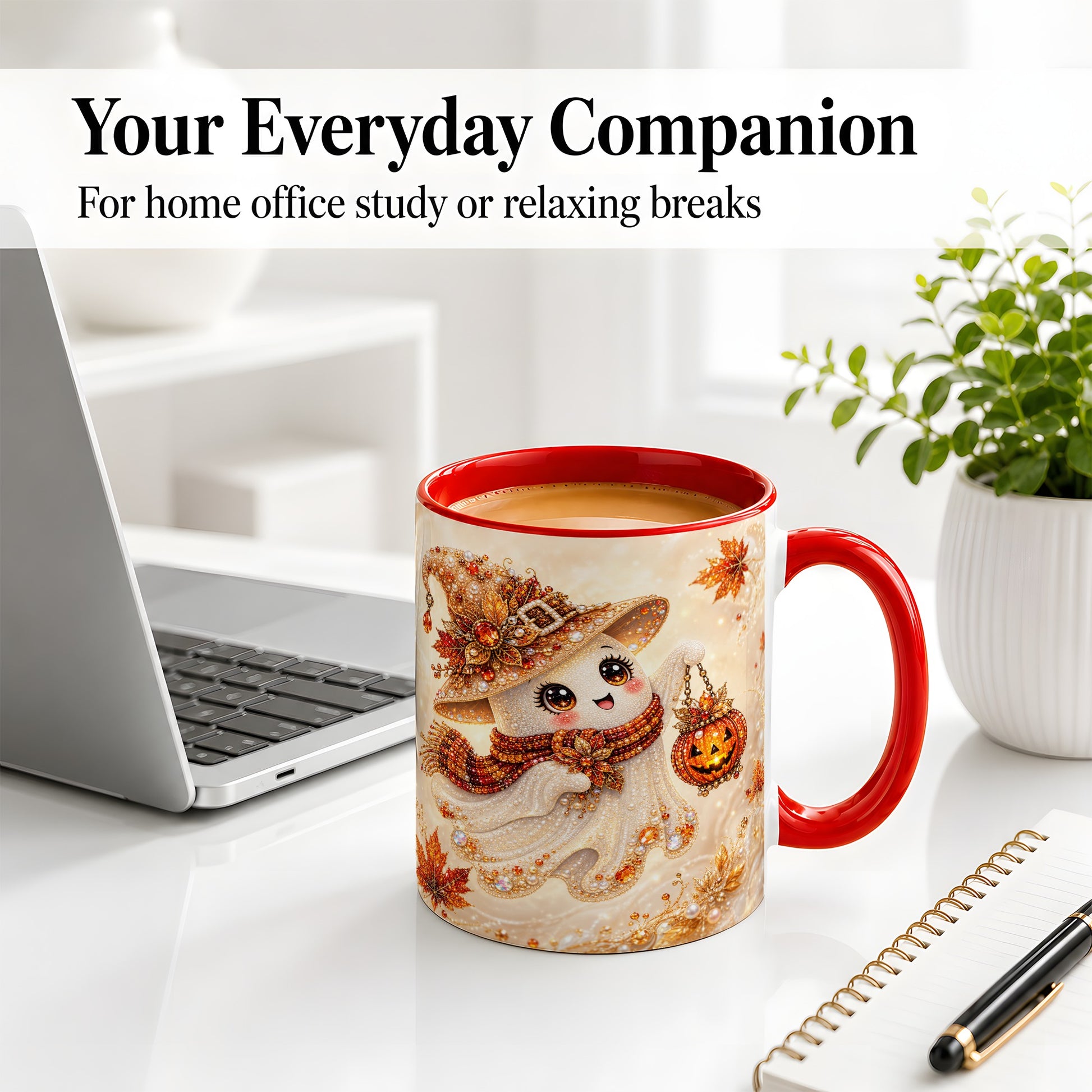 #pl[11oz|Red] Witch Ghost Accent Mug, Ceramic Mug with Jeweled Pumpkin Lantern Art