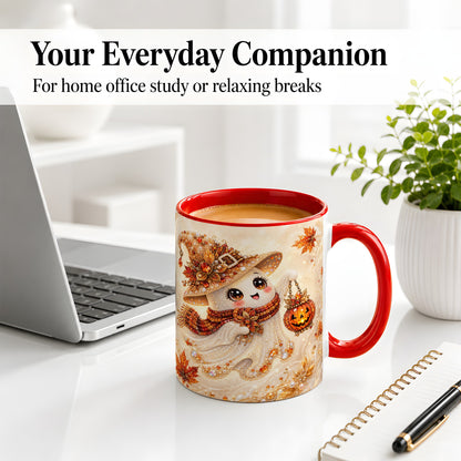 #pl[11oz|Red] Witch Ghost Accent Mug, Ceramic Mug with Jeweled Pumpkin Lantern Art