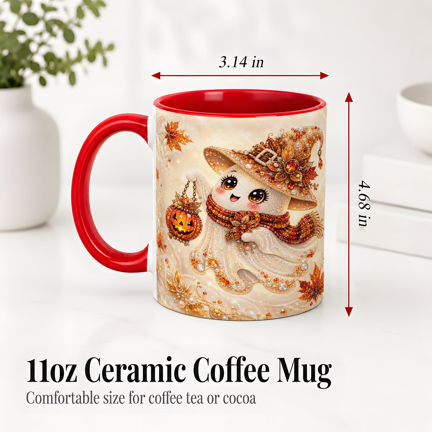 #pl[11oz|Red] Witch Ghost Accent Mug, Ceramic Mug with Jeweled Pumpkin Lantern Art