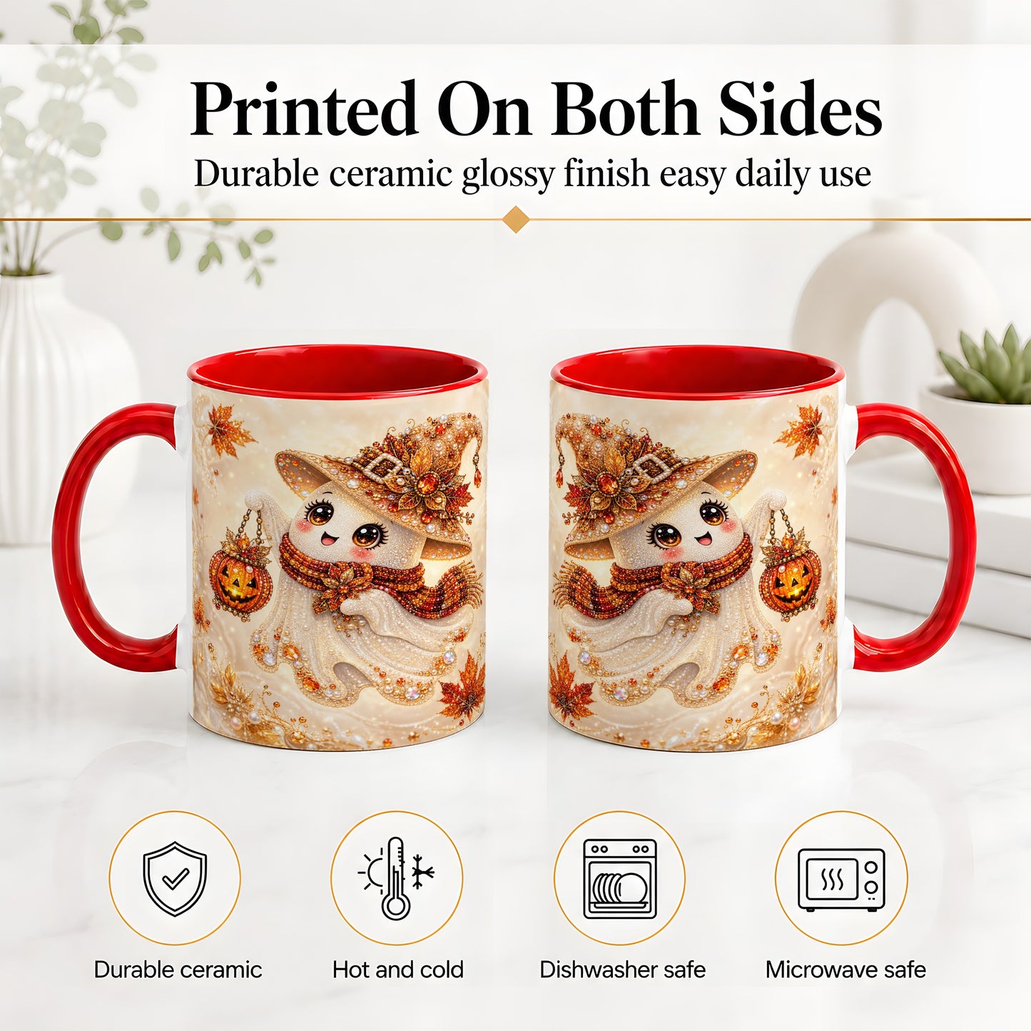 #pl[11oz|Red] Witch Ghost Accent Mug, Ceramic Mug with Jeweled Pumpkin Lantern Art