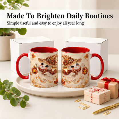 #pl[11oz|Red] Witch Ghost Accent Mug, Ceramic Mug with Jeweled Pumpkin Lantern Art