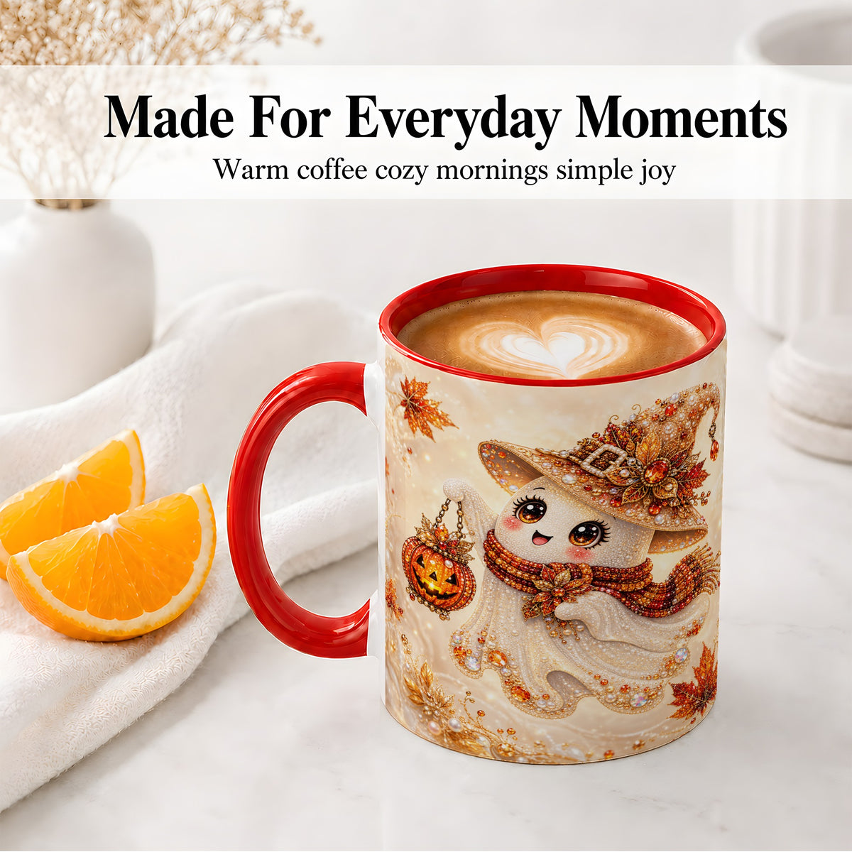 #pl[11oz|Red] Witch Ghost Accent Mug, Ceramic Mug with Jeweled Pumpkin Lantern Art