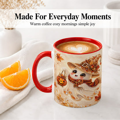 #pl[11oz|Red] Witch Ghost Accent Mug, Ceramic Mug with Jeweled Pumpkin Lantern Art