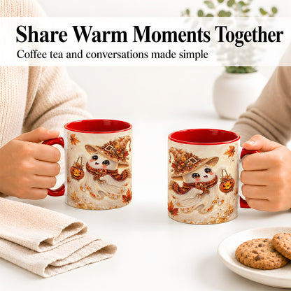 #pl[11oz|Red] Witch Ghost Accent Mug, Ceramic Mug with Jeweled Pumpkin Lantern Art