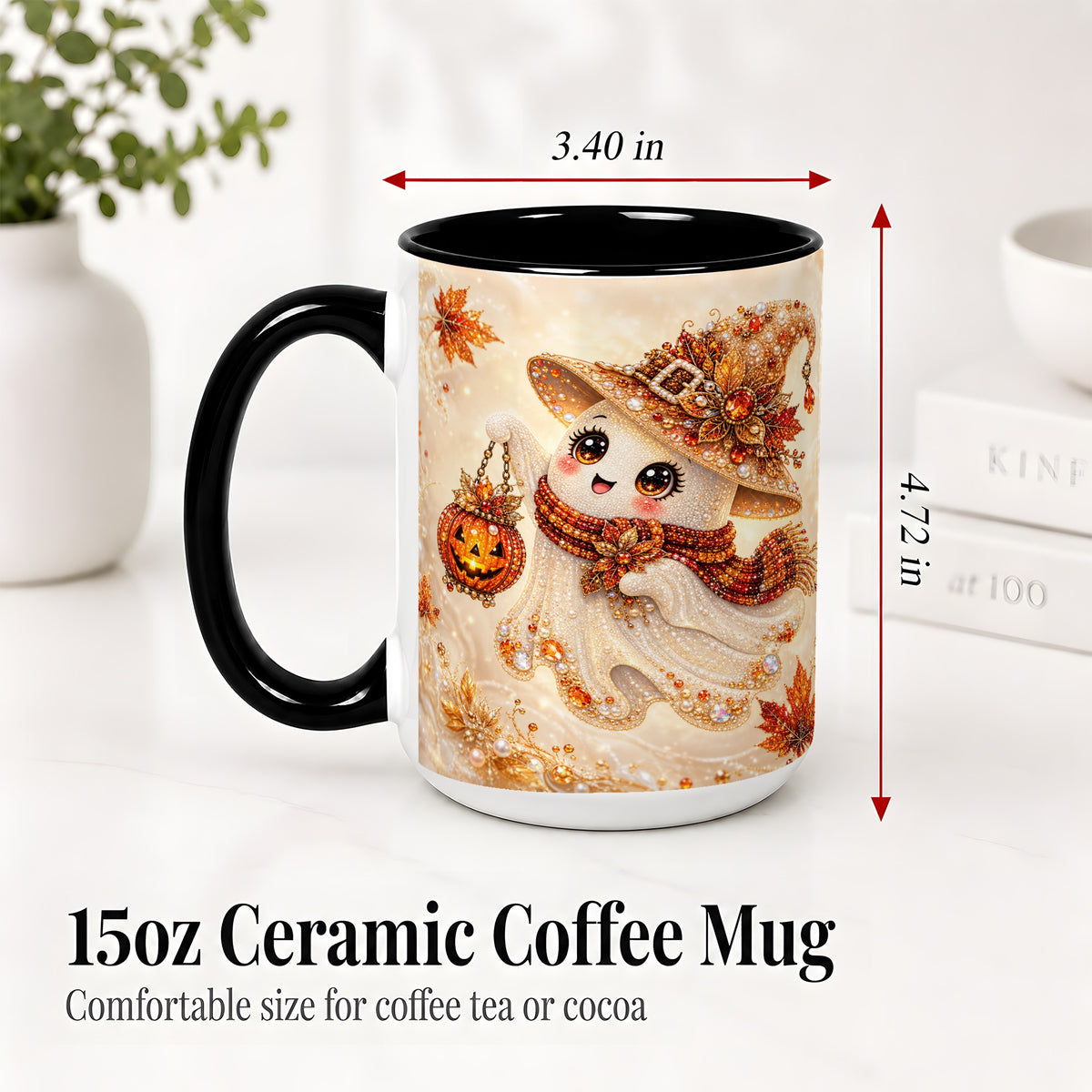 #pl[15oz|Black] Witch Ghost Accent Mug, Ceramic Mug with Jeweled Pumpkin Lantern Art