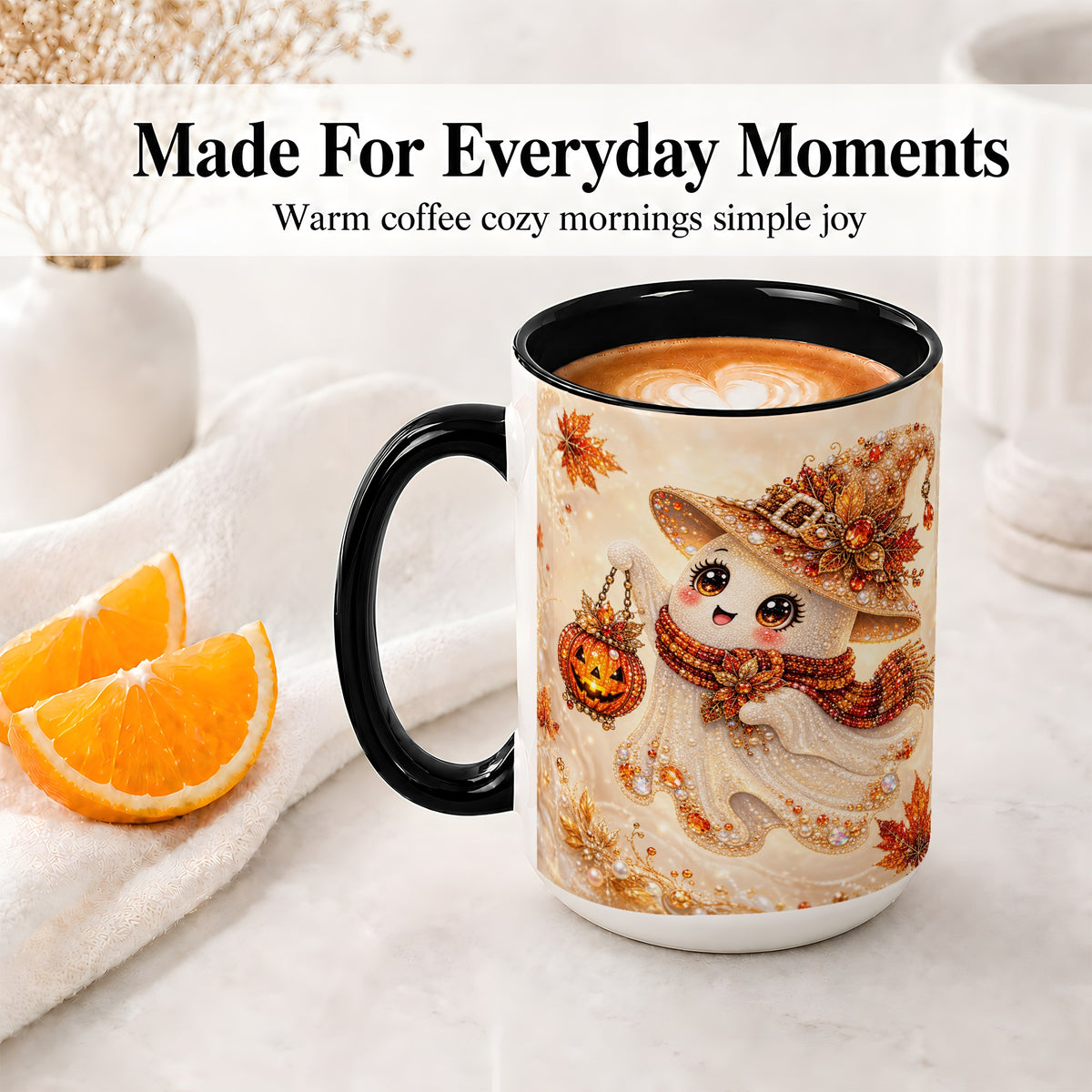 #pl[15oz|Black] Witch Ghost Accent Mug, Ceramic Mug with Jeweled Pumpkin Lantern Art