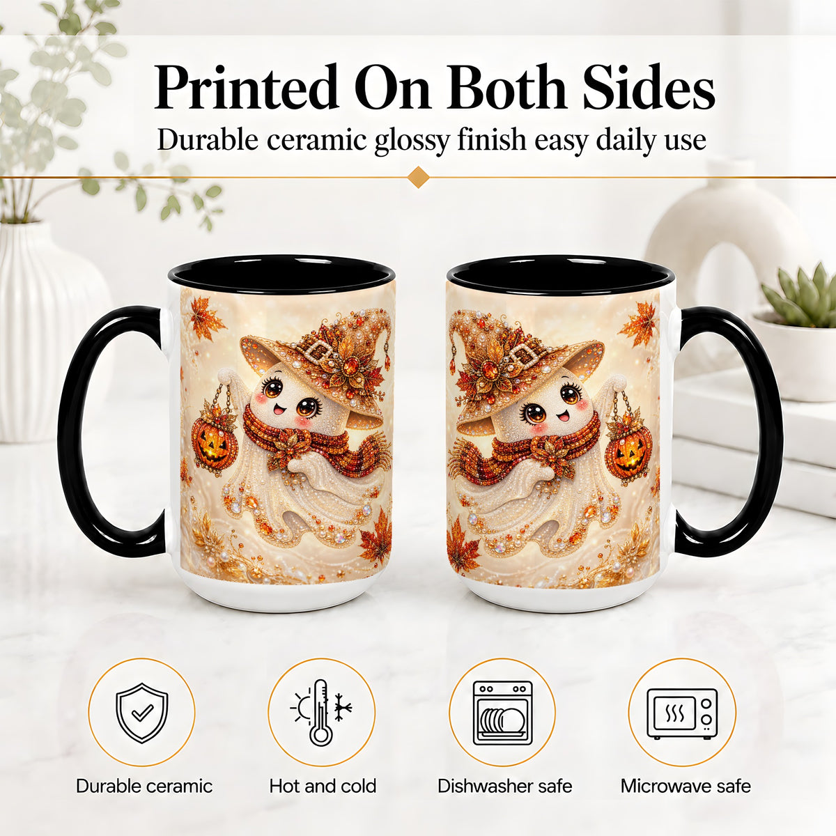 #pl[15oz|Black] Witch Ghost Accent Mug, Ceramic Mug with Jeweled Pumpkin Lantern Art