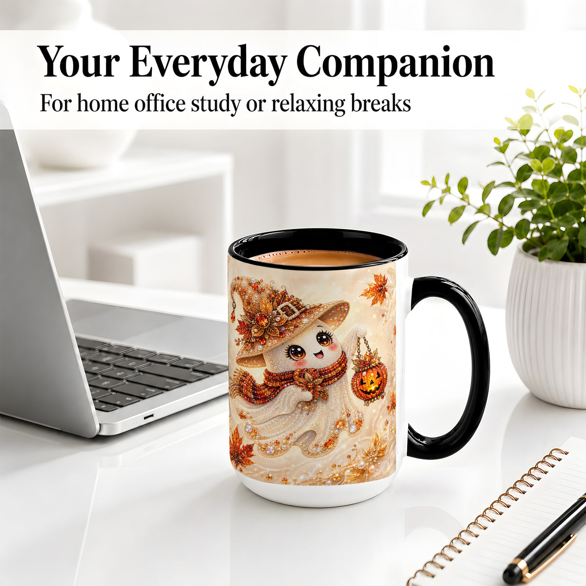 #pl[15oz|Black] Witch Ghost Accent Mug, Ceramic Mug with Jeweled Pumpkin Lantern Art
