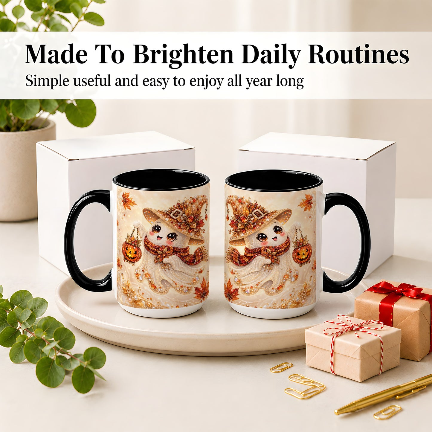 #pl[15oz|Black] Witch Ghost Accent Mug, Ceramic Mug with Jeweled Pumpkin Lantern Art