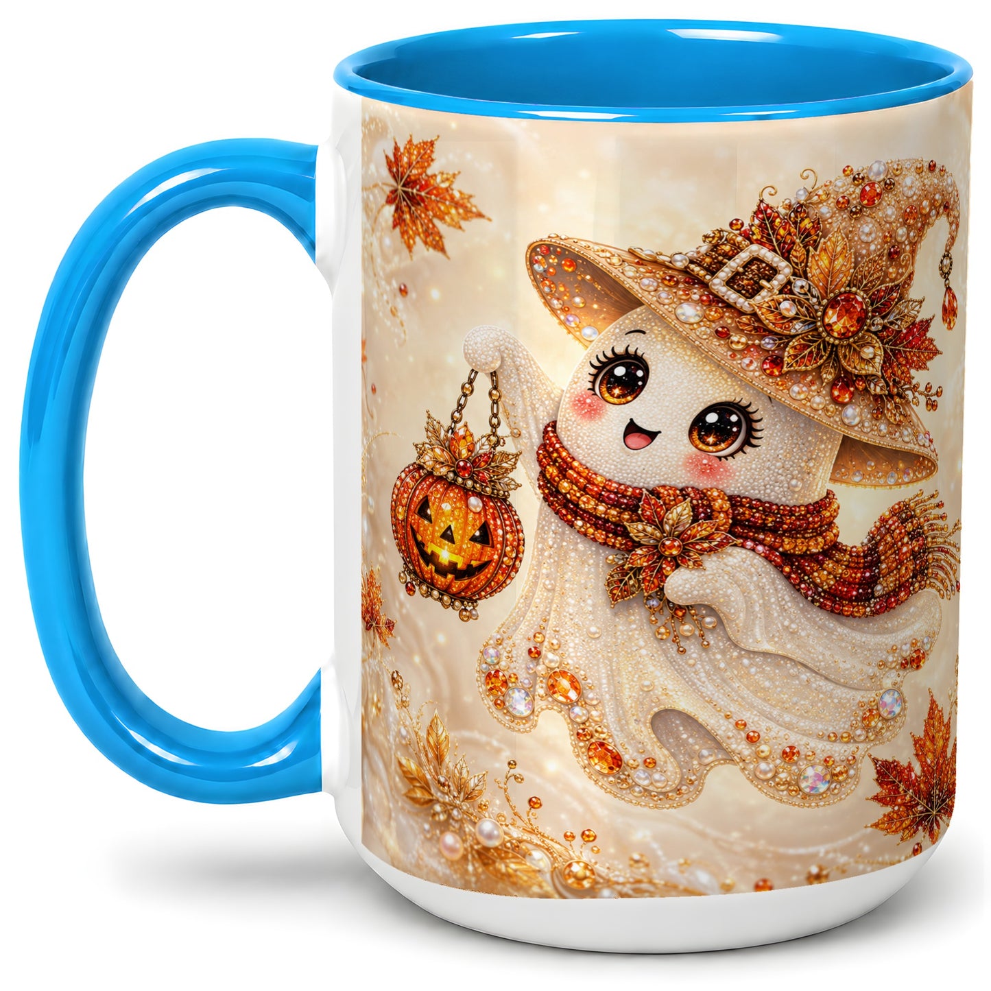 #pl[15oz|Blue] Witch Ghost Accent Mug, Ceramic Mug with Jeweled Pumpkin Lantern Art