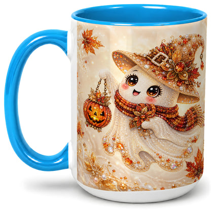 #pl[15oz|Blue] Witch Ghost Accent Mug, Ceramic Mug with Jeweled Pumpkin Lantern Art