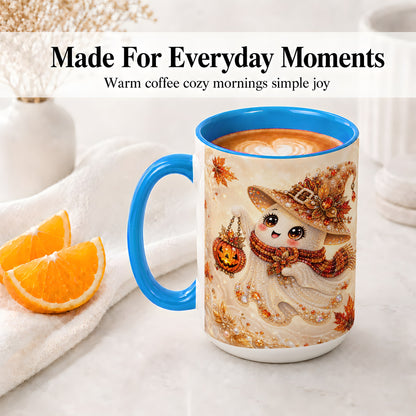 #pl[15oz|Blue] Witch Ghost Accent Mug, Ceramic Mug with Jeweled Pumpkin Lantern Art