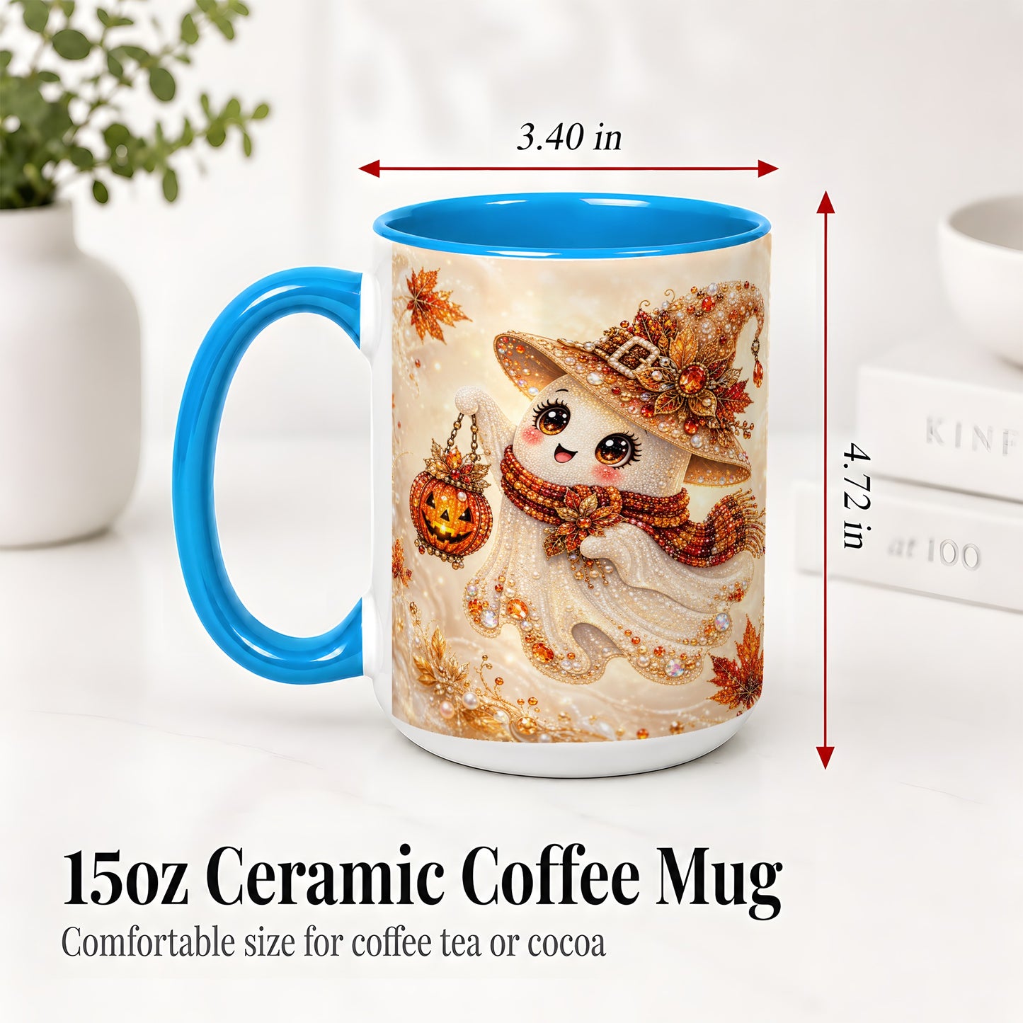 #pl[15oz|Blue] Witch Ghost Accent Mug, Ceramic Mug with Jeweled Pumpkin Lantern Art