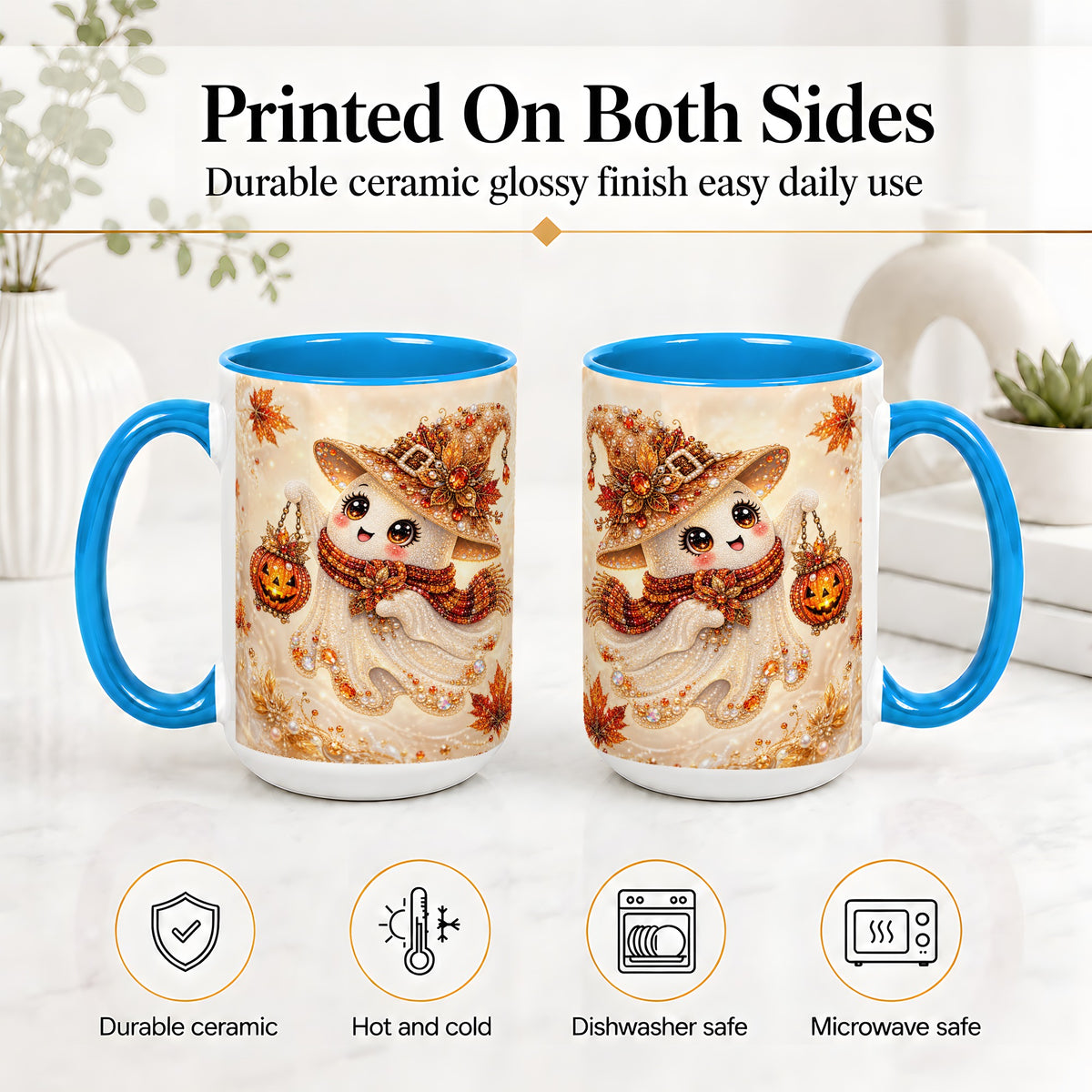 #pl[15oz|Blue] Witch Ghost Accent Mug, Ceramic Mug with Jeweled Pumpkin Lantern Art