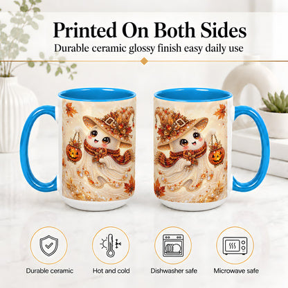 #pl[15oz|Blue] Witch Ghost Accent Mug, Ceramic Mug with Jeweled Pumpkin Lantern Art