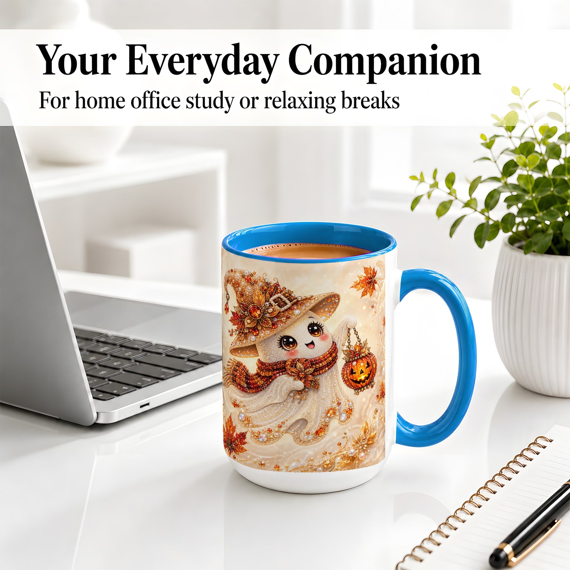 #pl[15oz|Blue] Witch Ghost Accent Mug, Ceramic Mug with Jeweled Pumpkin Lantern Art