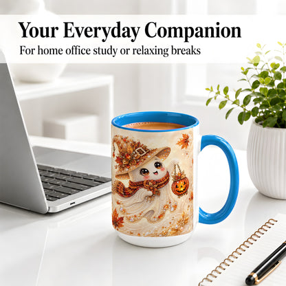 #pl[15oz|Blue] Witch Ghost Accent Mug, Ceramic Mug with Jeweled Pumpkin Lantern Art