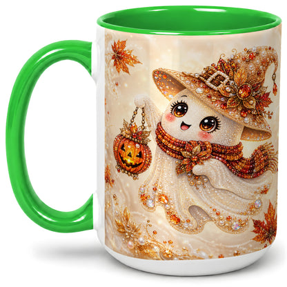 #pl[15oz|Green] Witch Ghost Accent Mug, Ceramic Mug with Jeweled Pumpkin Lantern Art