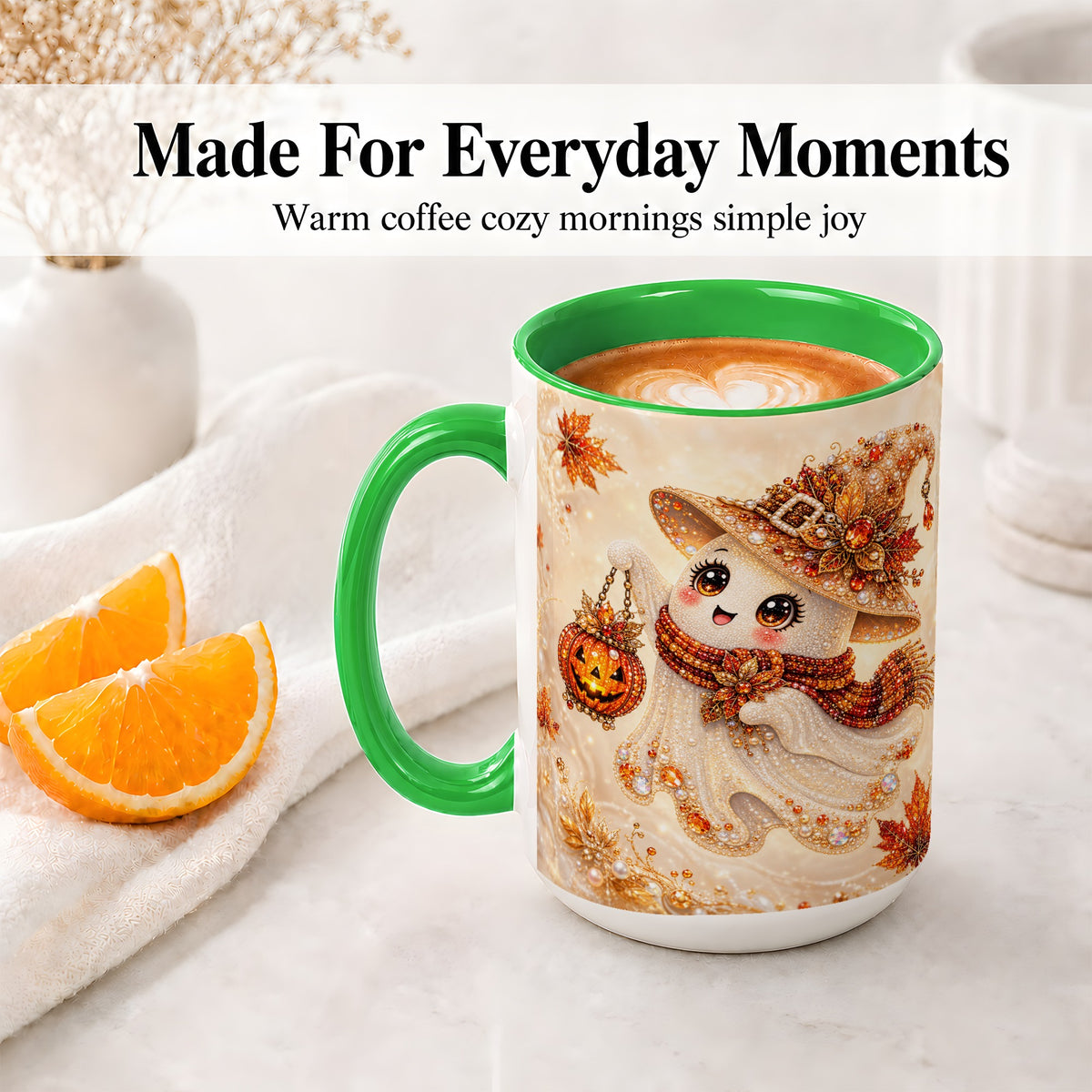 #pl[15oz|Green] Witch Ghost Accent Mug, Ceramic Mug with Jeweled Pumpkin Lantern Art