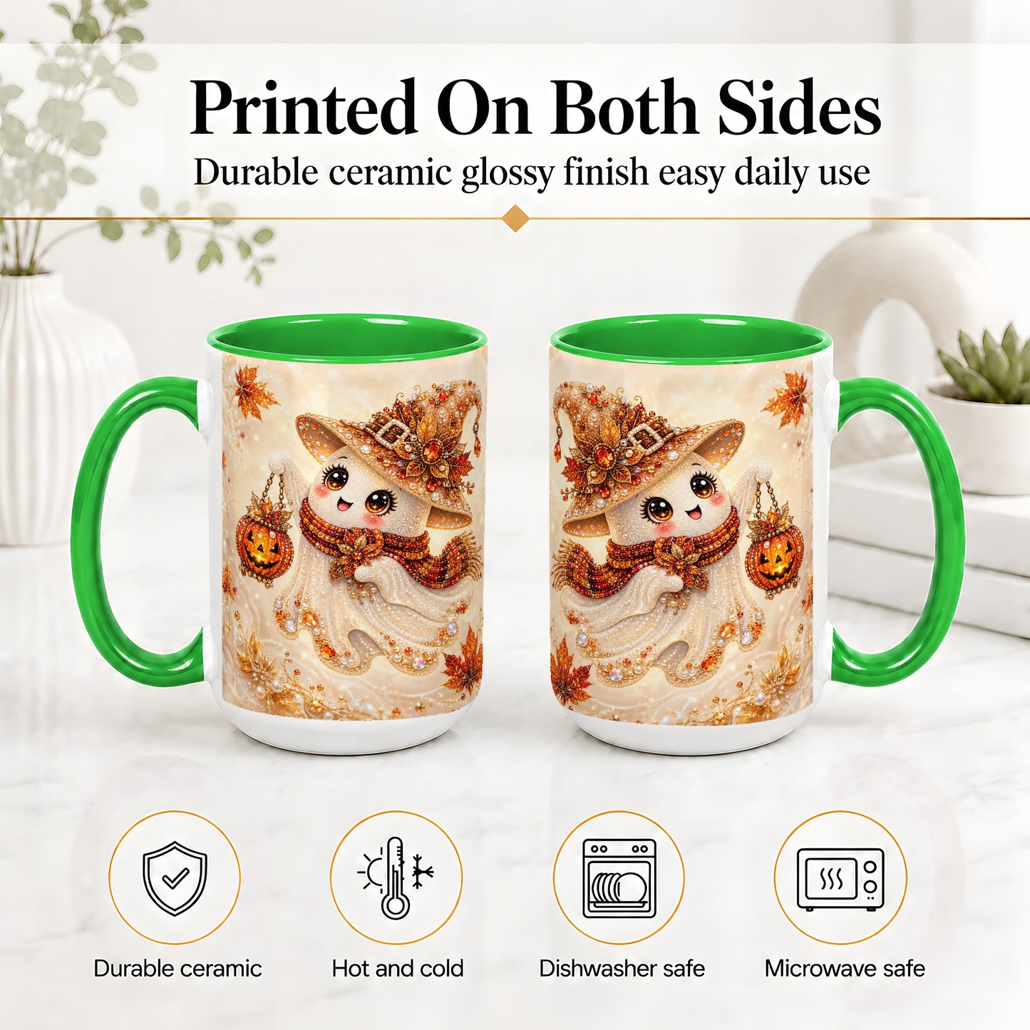 #pl[15oz|Green] Witch Ghost Accent Mug, Ceramic Mug with Jeweled Pumpkin Lantern Art