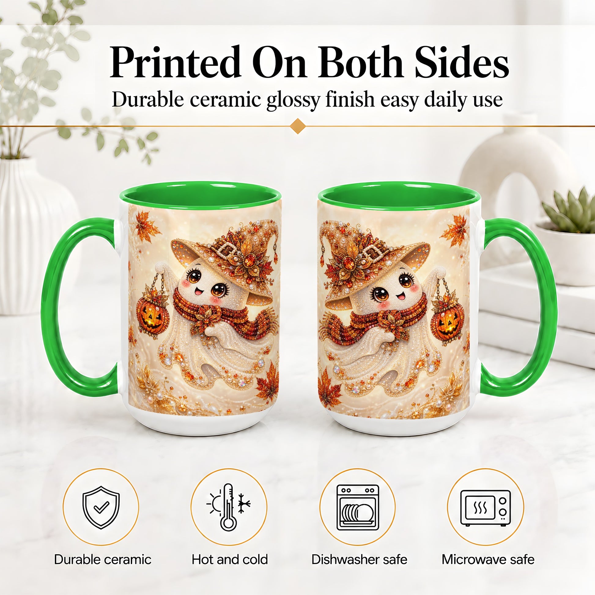 #pl[15oz|Green] Witch Ghost Accent Mug, Ceramic Mug with Jeweled Pumpkin Lantern Art