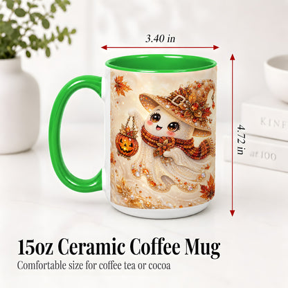 #pl[15oz|Green] Witch Ghost Accent Mug, Ceramic Mug with Jeweled Pumpkin Lantern Art