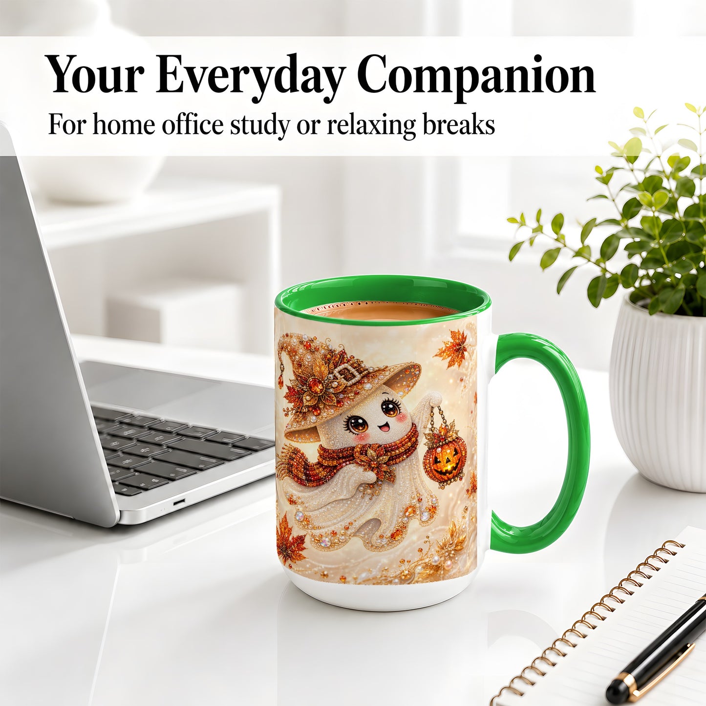 #pl[15oz|Green] Witch Ghost Accent Mug, Ceramic Mug with Jeweled Pumpkin Lantern Art
