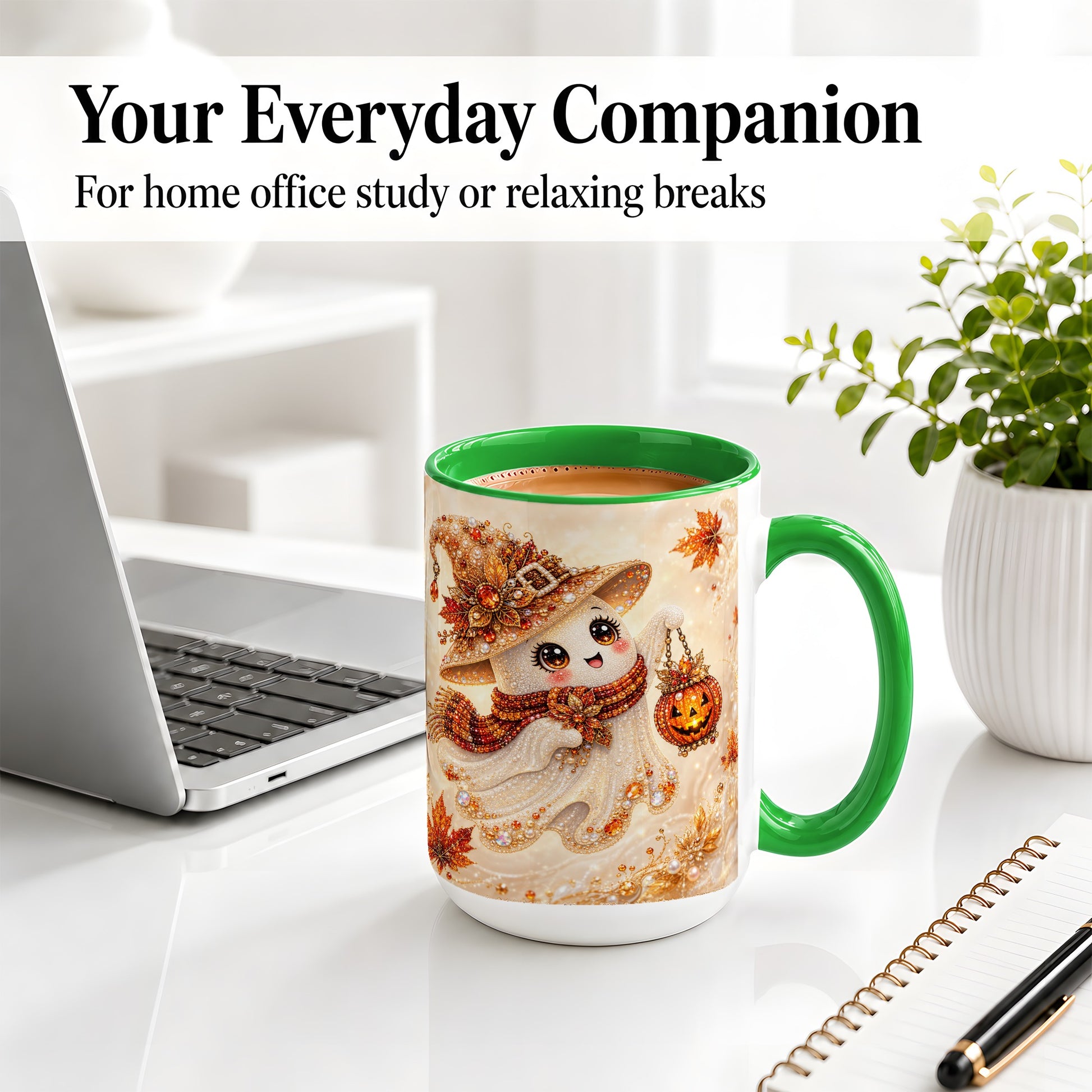 #pl[15oz|Green] Witch Ghost Accent Mug, Ceramic Mug with Jeweled Pumpkin Lantern Art