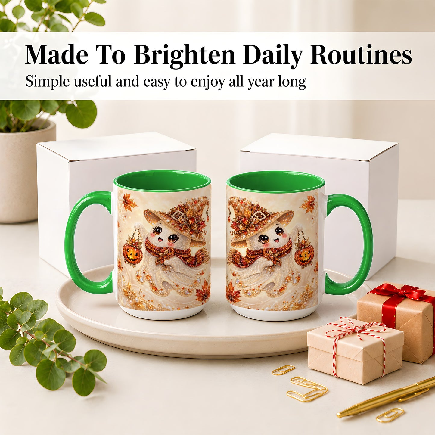 #pl[15oz|Green] Witch Ghost Accent Mug, Ceramic Mug with Jeweled Pumpkin Lantern Art