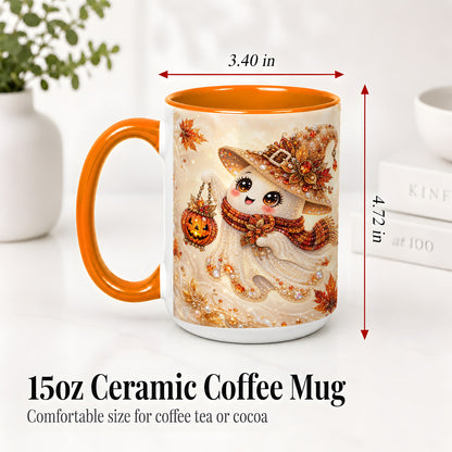 #pl[15oz|Orange] Witch Ghost Accent Mug, Ceramic Mug with Jeweled Pumpkin Lantern Art