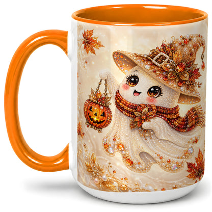 #pl[15oz|Orange] Witch Ghost Accent Mug, Ceramic Mug with Jeweled Pumpkin Lantern Art