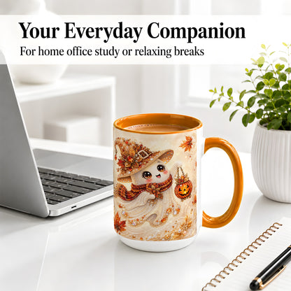 #pl[15oz|Orange] Witch Ghost Accent Mug, Ceramic Mug with Jeweled Pumpkin Lantern Art