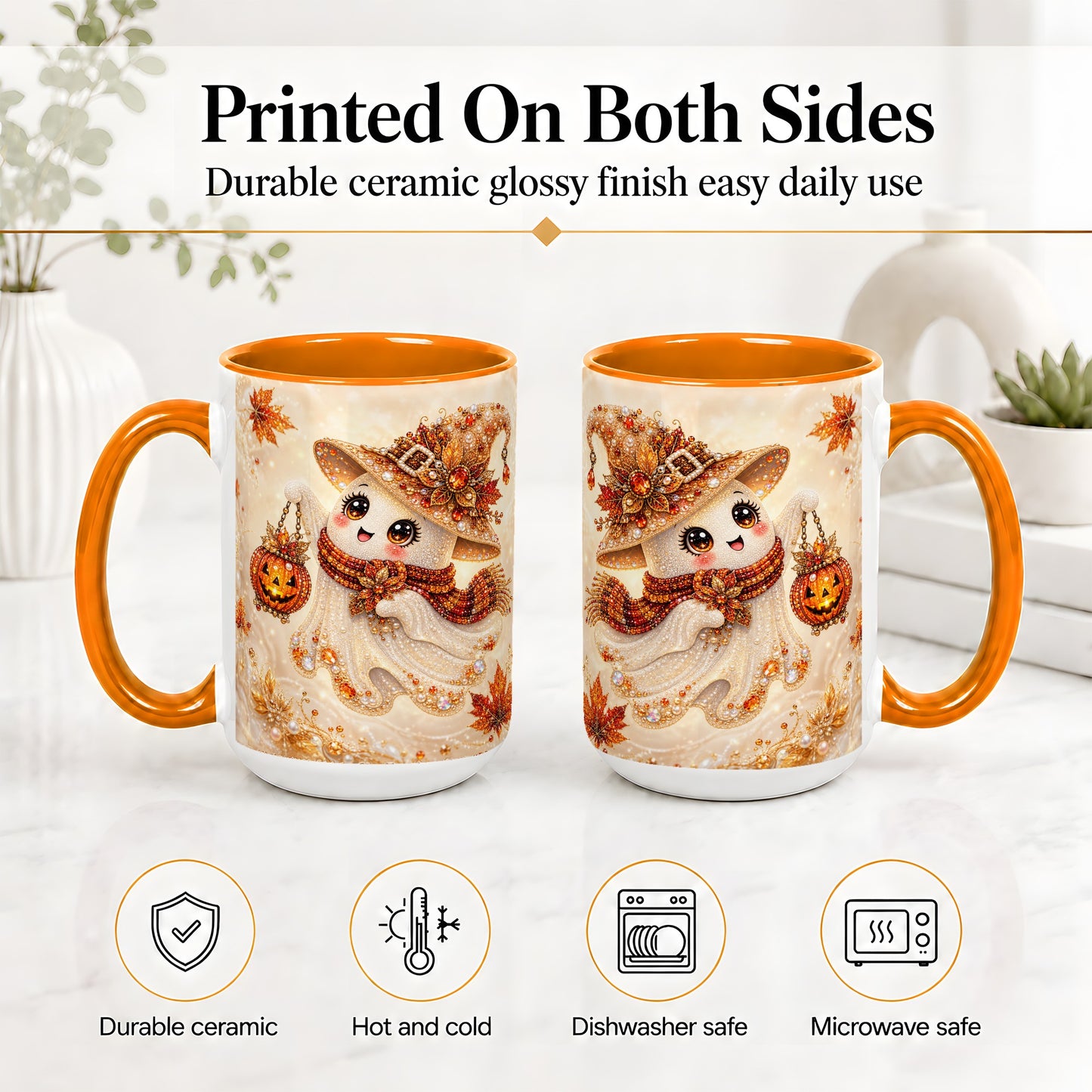 #pl[15oz|Orange] Witch Ghost Accent Mug, Ceramic Mug with Jeweled Pumpkin Lantern Art