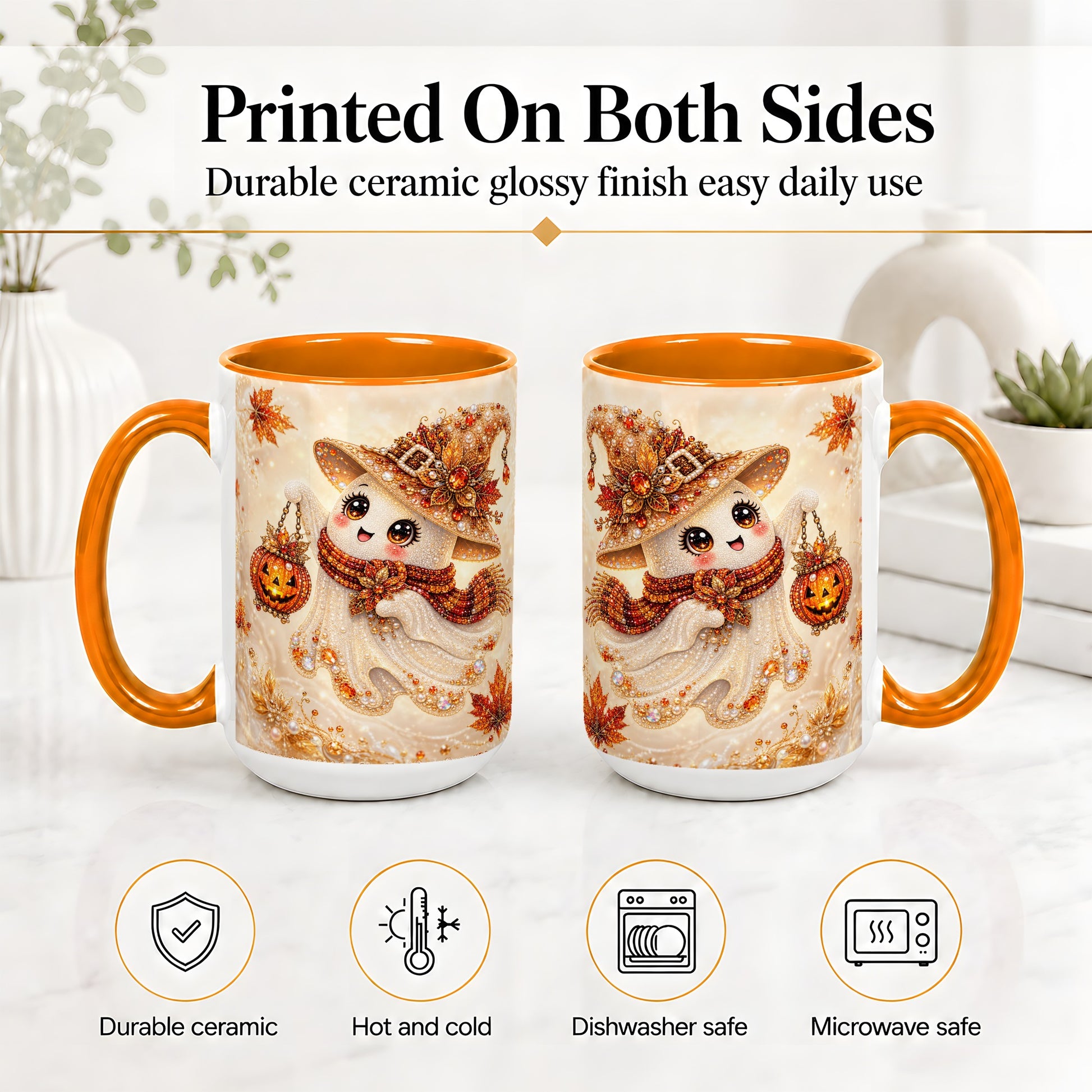 #pl[15oz|Orange] Witch Ghost Accent Mug, Ceramic Mug with Jeweled Pumpkin Lantern Art