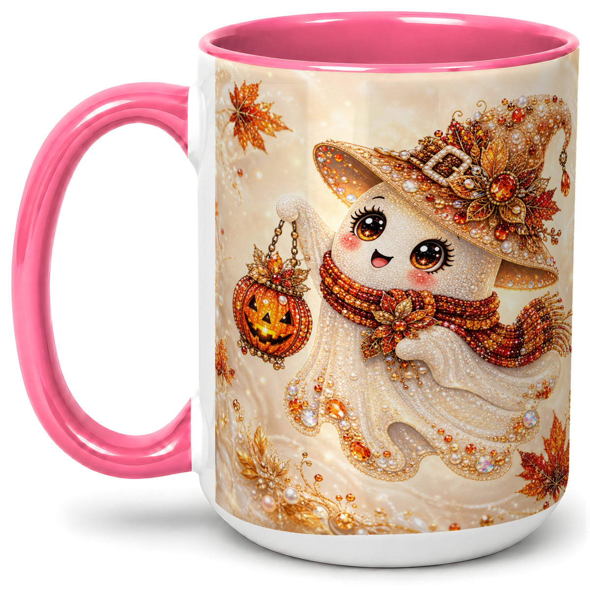 #pl[15oz|Pink] Witch Ghost Accent Mug, Ceramic Mug with Jeweled Pumpkin Lantern Art