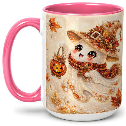#pl[15oz|Pink] Witch Ghost Accent Mug, Ceramic Mug with Jeweled Pumpkin Lantern Art