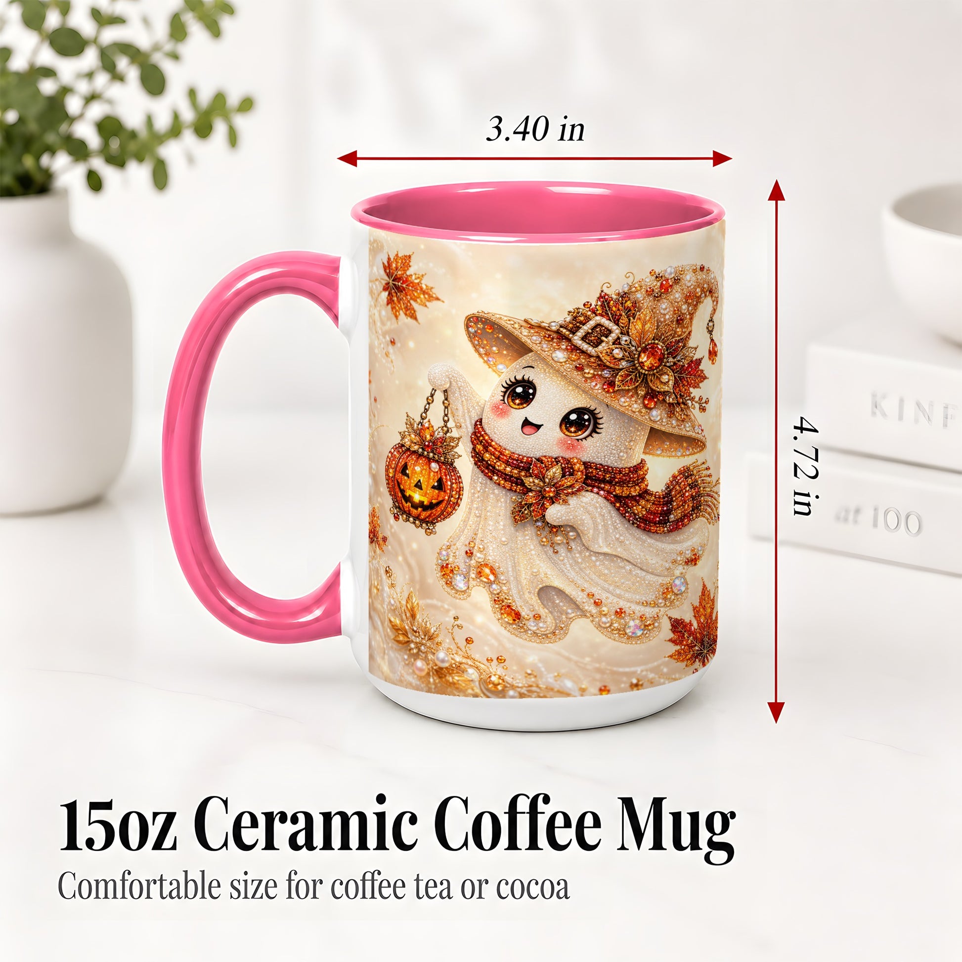 #pl[15oz|Pink] Witch Ghost Accent Mug, Ceramic Mug with Jeweled Pumpkin Lantern Art