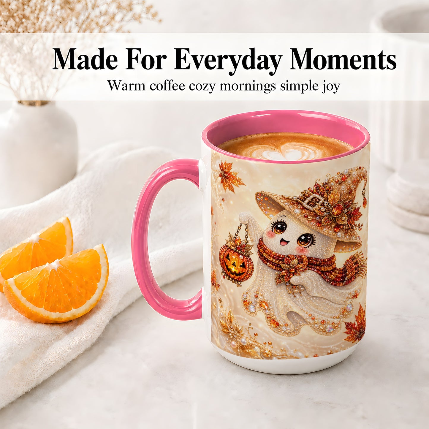 #pl[15oz|Pink] Witch Ghost Accent Mug, Ceramic Mug with Jeweled Pumpkin Lantern Art